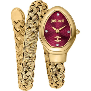 Gold watch and bracelet set with red face and 'Just Cavalli' branding on a white background