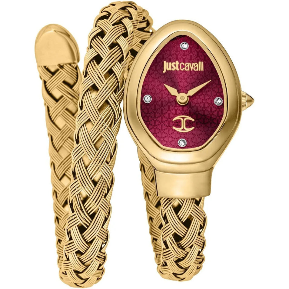 Gold watch and bracelet set with red face and 'Just Cavalli' branding on a white background