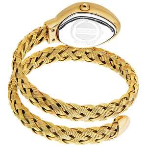 Gold-tone braided watch band with a matching oval case, shown on a plain white background. The inside of the case is visible and shows the Just Cavalli brand logo.