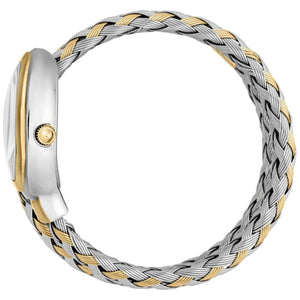 A two-tone braided watch band with a silver and gold metallic finish, shown on a clean white background.