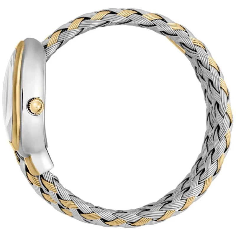 A two-tone braided watch band with a silver and gold metallic finish, shown on a clean white background.