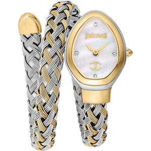 Front view of Just Cavalli Signature Snake JC1L264M0055 women's watch with white mother of pearl dial and two-tone wrap bracelet.