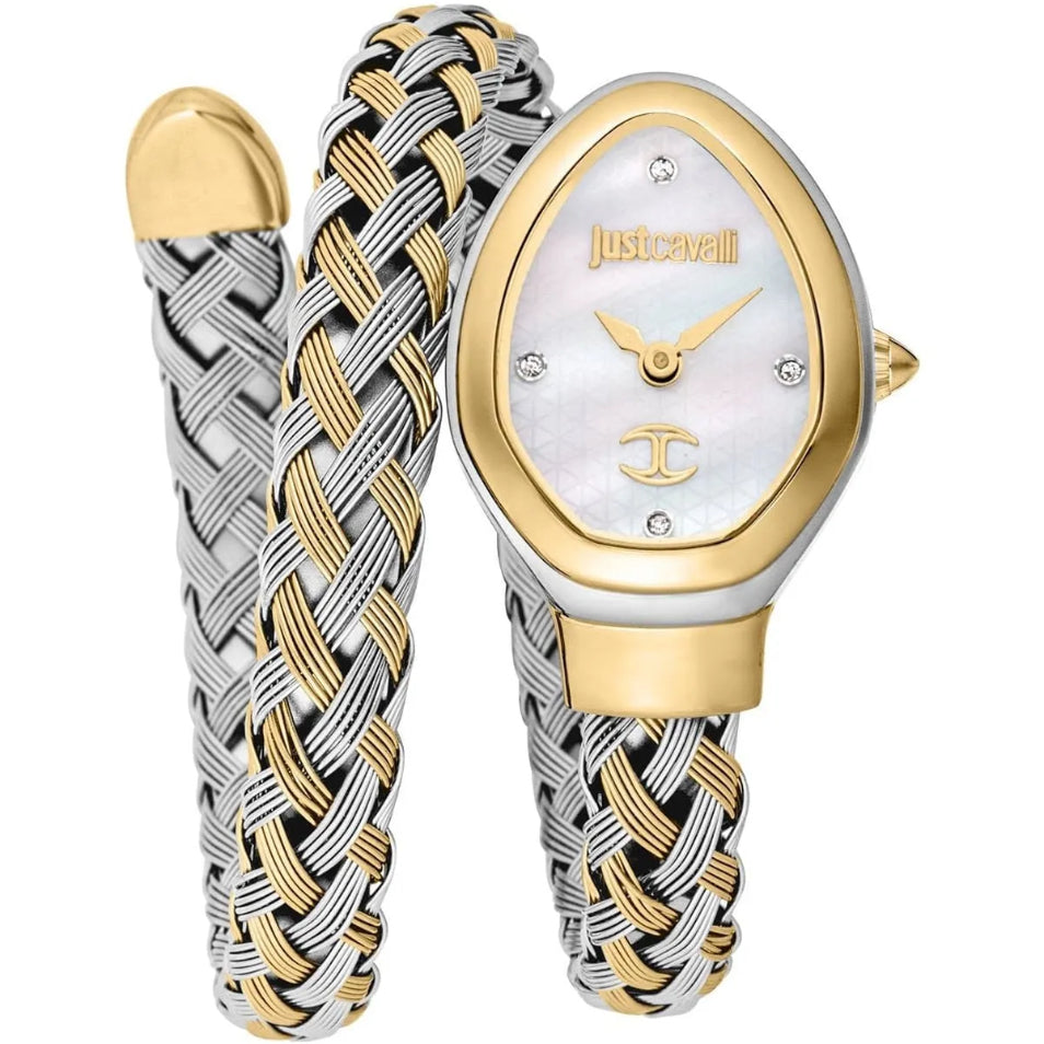 Front view of Just Cavalli Signature Snake JC1L264M0055 women's watch with white mother of pearl dial and two-tone wrap bracelet.