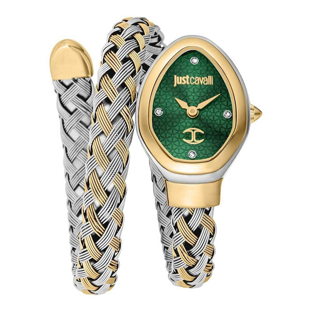 Front view of Just Cavalli Signature Snake JC1L264M0065 women's watch with green textured dial and two-tone wrap bracelet.