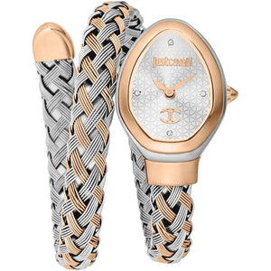 Just Cavalli Signature Snake JC1L264M0075 women's watch - silver patterned dial two-tone braided steel strap