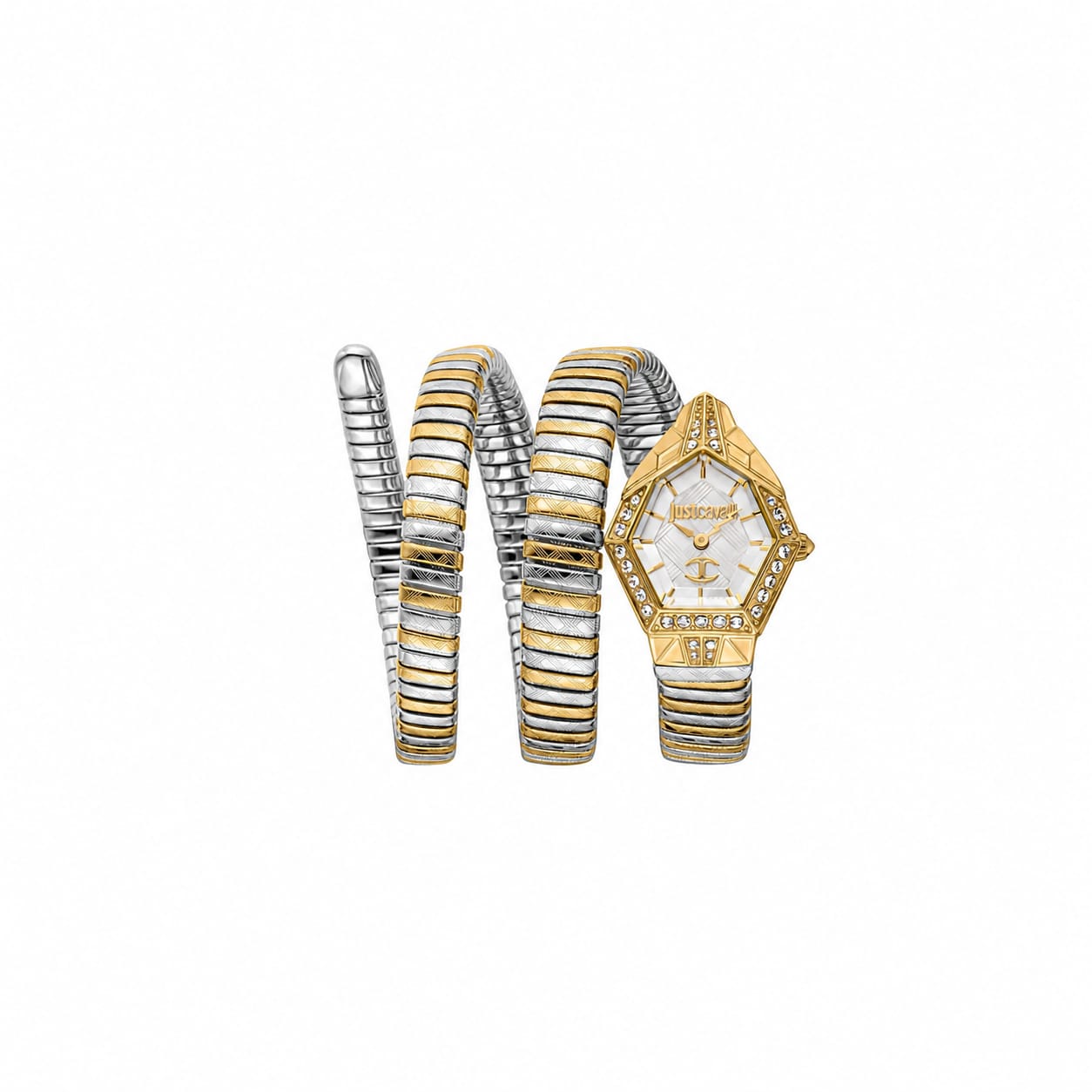 Authentic real-life photo of Just Cavalli JC1L304M0055 showing the two-tone double wrap snake bracelet and silver dial from Luxury Hub Store