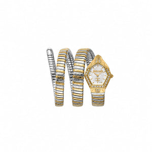 Authentic real-life photo of Just Cavalli JC1L304M0055 showing the two-tone double wrap snake bracelet and silver dial from Luxury Hub Store