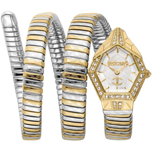 Gold and silver watch with intricate design on a white background
