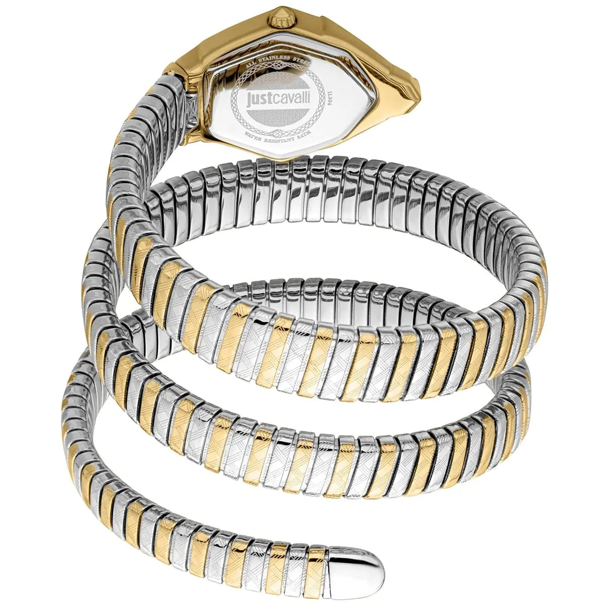 Two-tone watch with gold and silver straps on a white background