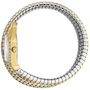 Side view photo of the unique case of Just Cavalli JC1L304M0055 showing case thickness and asymmetric snake shape from Luxury Hub Store