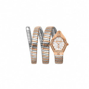 Authentic real-life photo of Just Cavalli JC1L304M0075 showing the rose gold/silver double wrap snake bracelet and silver dial from Luxury Hub Store