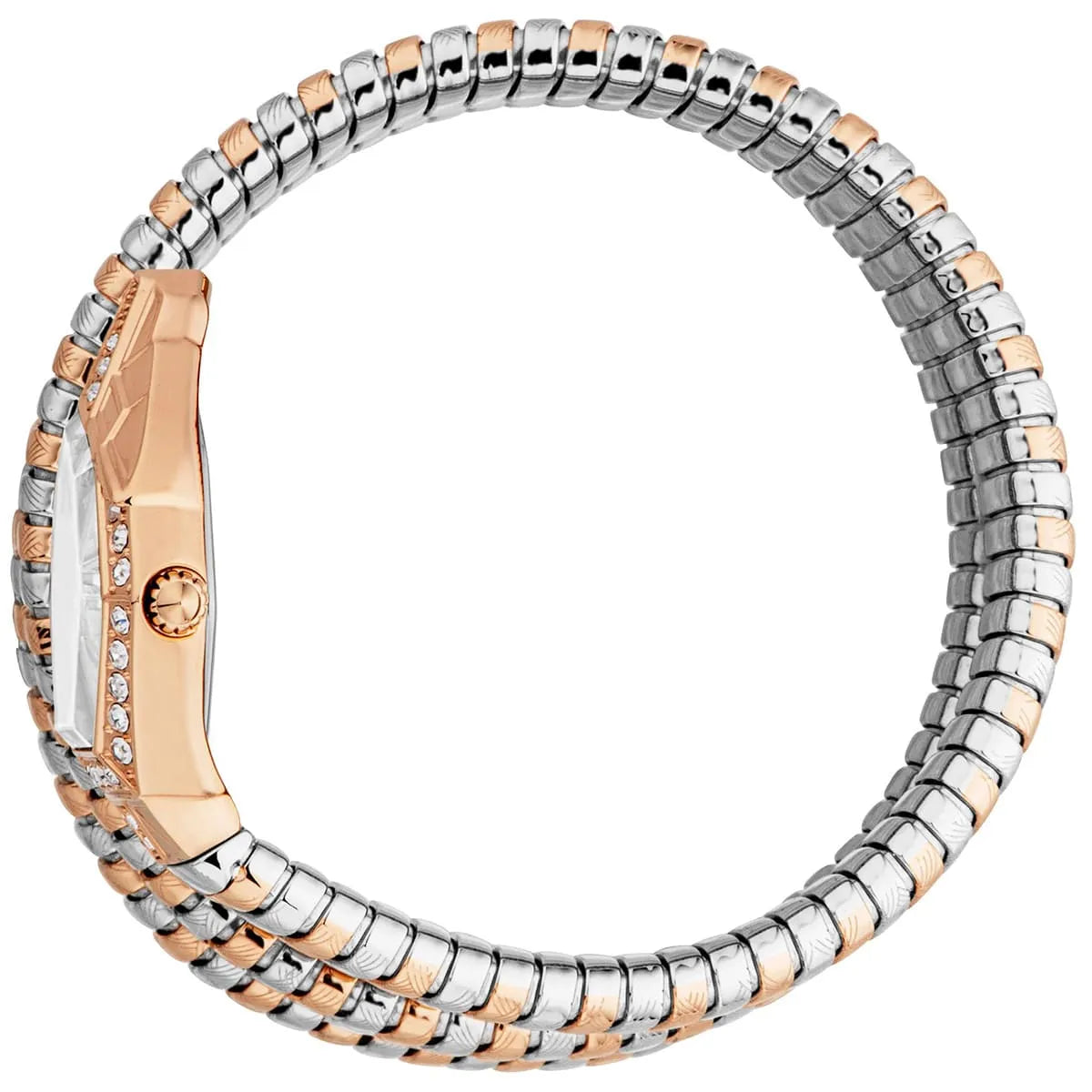Two-tone bracelet with rose gold and silver beads on a white background