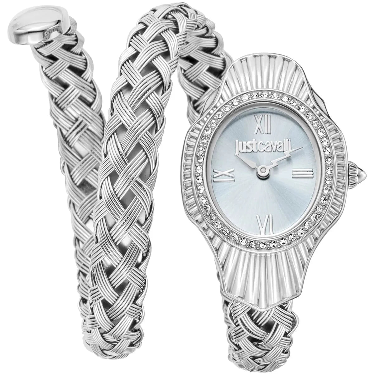 Authentic real-life photo of Just Cavalli JC1L305M0015 showing the silver-tone double wrap snake bracelet and silver dial from Luxury Hub Store