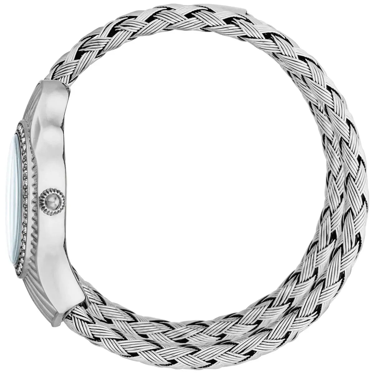 Side view photo of the unique case of Just Cavalli JC1L305M0015 showing case thickness and asymmetric snake shape from Luxury Hub Store