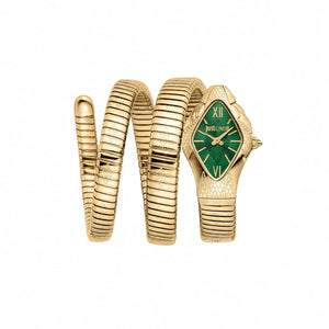 Authentic real-life photo of Just Cavalli JC1L306M0035 showing the gold-tone double wrap snake bracelet and green dial from Luxury Hub Store