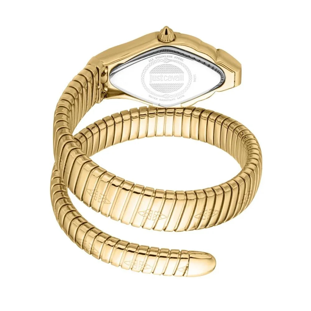 Close up photo of the polished gold-tone stainless steel double wrap bracelet on the Just Cavalli JC1L306M0045 from Luxury Hub Store