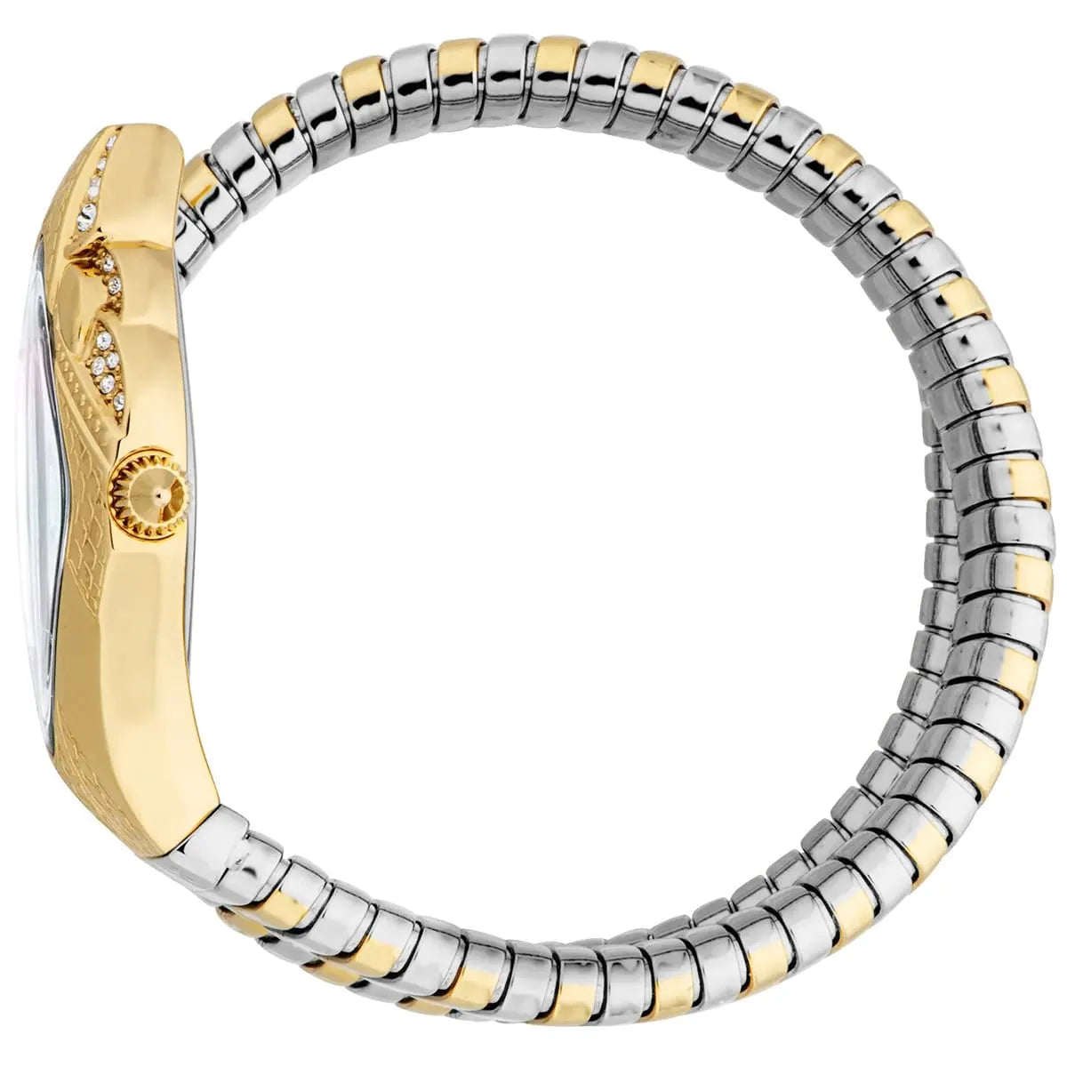 Side view photo of the unique case of Just Cavalli JC1L306M0065 showing case thickness and asymmetric snake shape from Luxury Hub Store