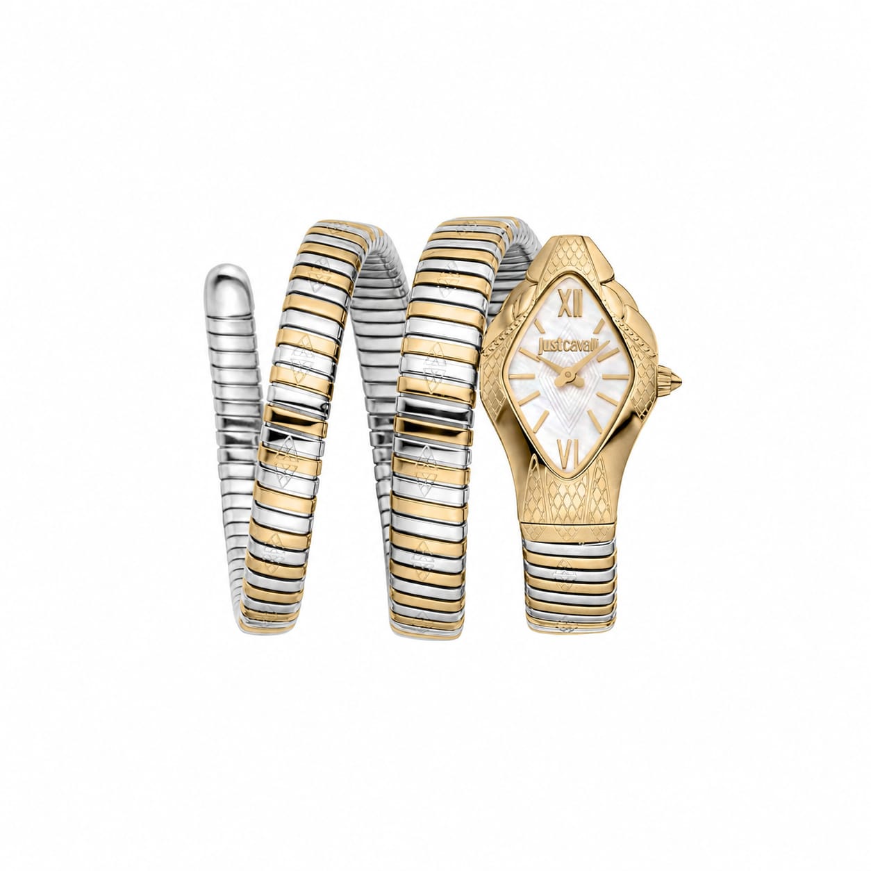 Authentic real-life photo of Just Cavalli JC1L307M0055 showing the two-tone double wrap snake bracelet and mother of pearl dial from Luxury Hub Store