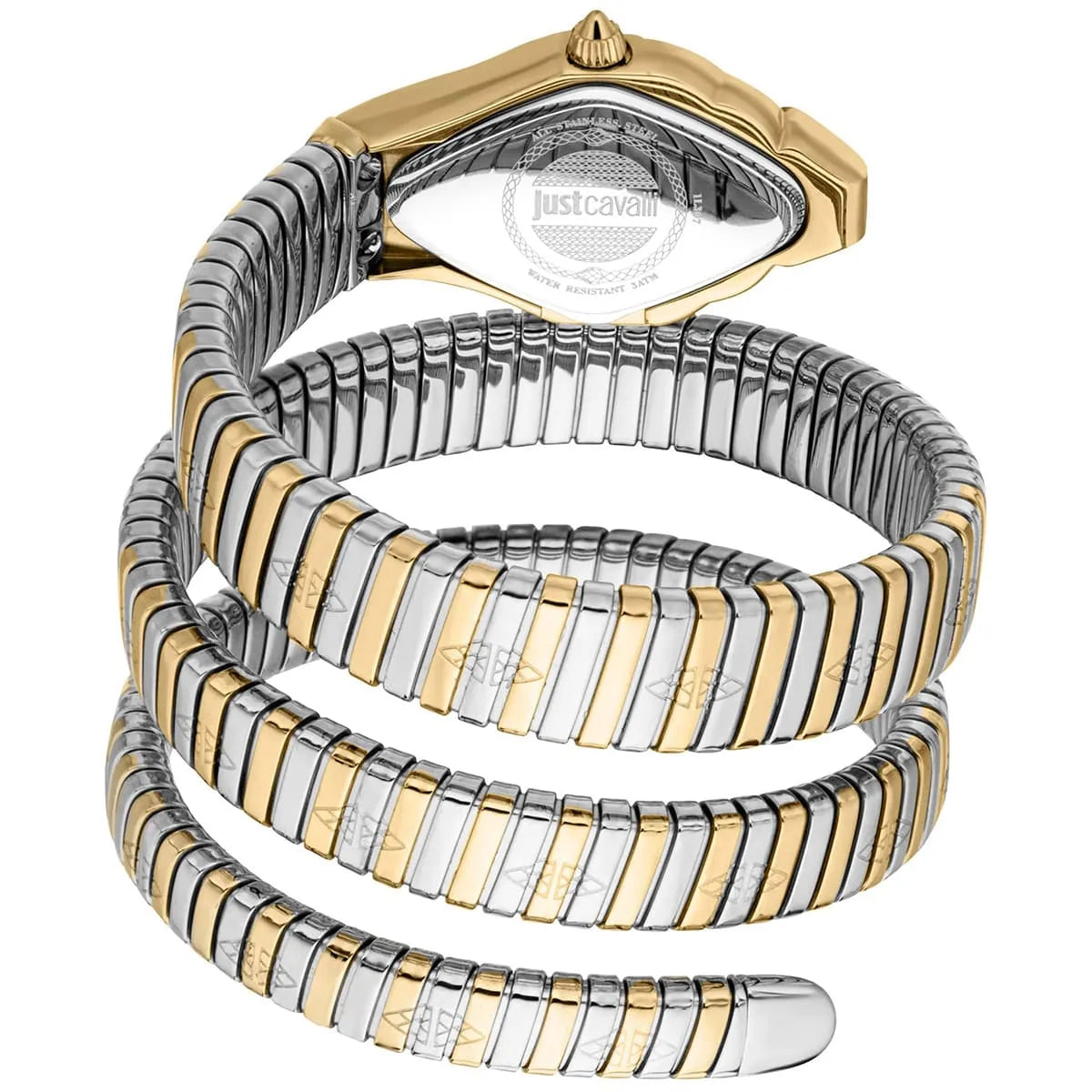 Back view photo of Just Cavalli JC1L307M0055 showing the stainless steel caseback and engraved brand markings from Luxury Hub Store