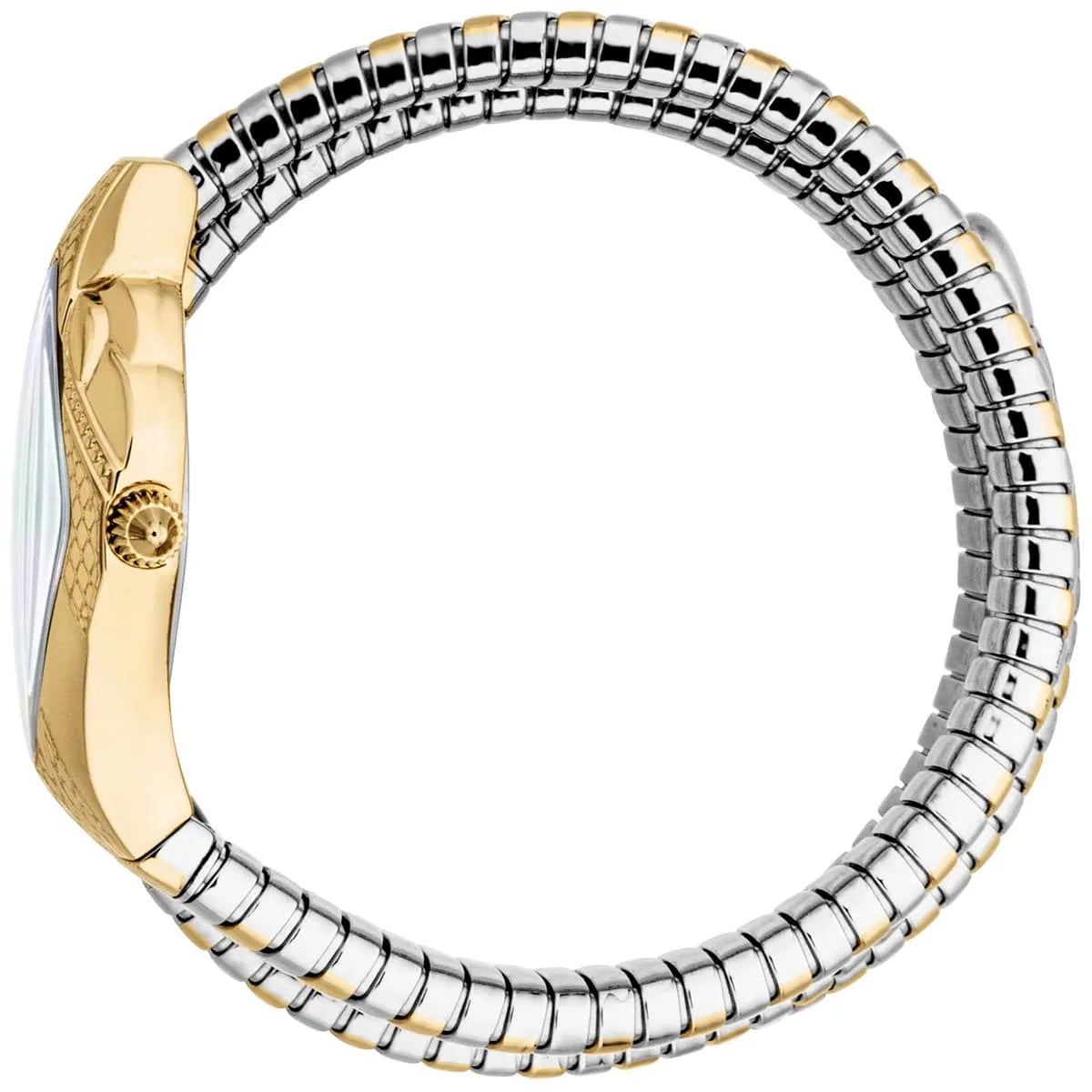 Side view photo of the unique case of Just Cavalli JC1L307M0055 showing case thickness and asymmetric snake shape from Luxury Hub Store