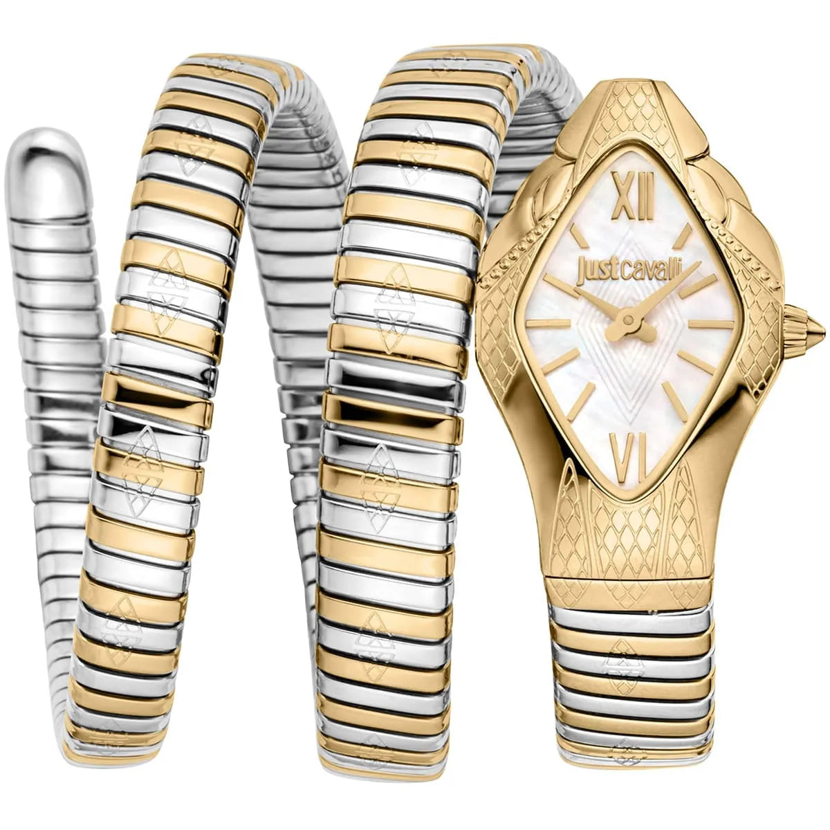 Gold and silver watch with 'Just Cavalli' branding on a white background