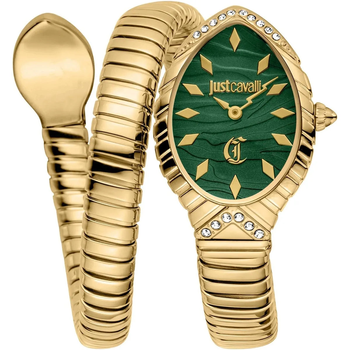 Authentic real-life photo of Just Cavalli JC1L322M0035 showing the gold-tone double wrap snake bracelet and green dial from Luxury Hub Store