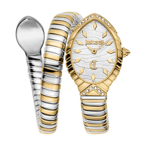 Authentic real-life photo of Just Cavalli JC1L322M0055 showing the two-tone double wrap snake bracelet and mother of pearl dial from Luxury Hub Store