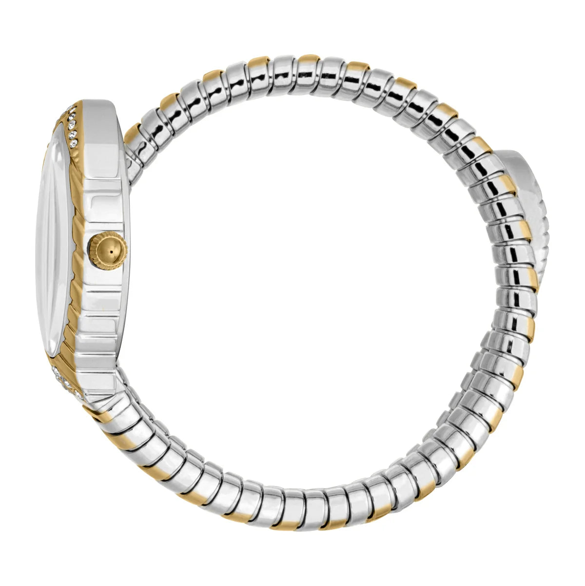 Side view photo of the unique case of Just Cavalli JC1L322M0055 showing case thickness and asymmetric shape from Luxury Hub Store