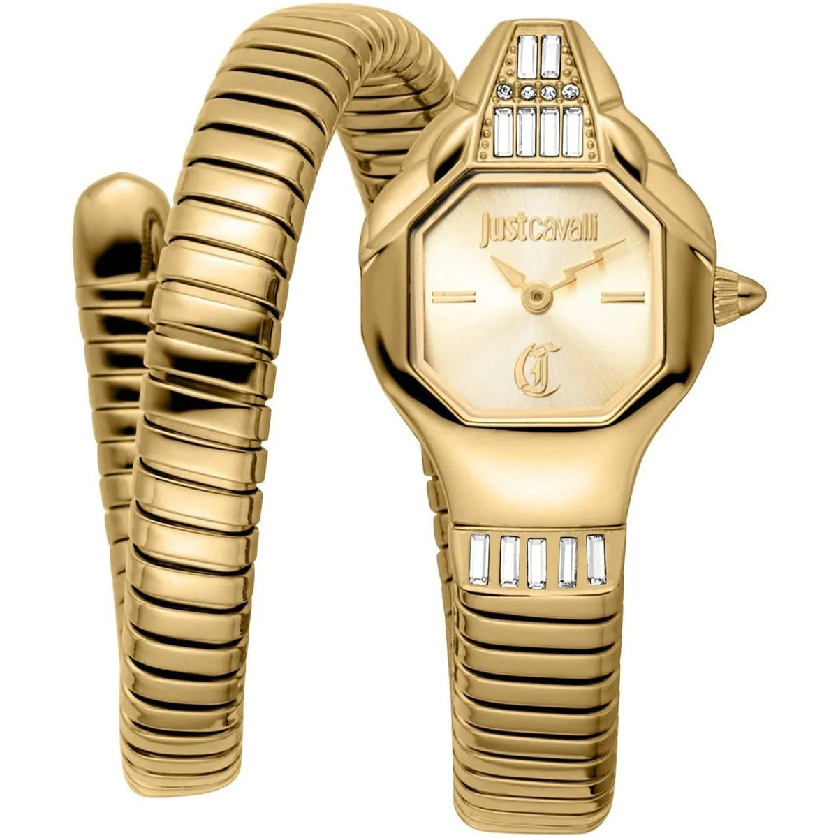 Authentic real-life photo of Just Cavalli JC1L326M0025 showing the gold-tone double wrap snake bracelet and matching dial from Luxury Hub Store