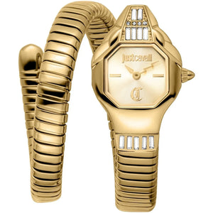Authentic real-life photo of Just Cavalli JC1L326M0025 showing the gold-tone double wrap snake bracelet and matching dial from Luxury Hub Store