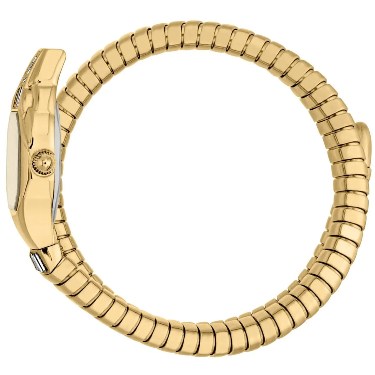 Side view photo of the unique case of Just Cavalli JC1L326M0025 showing case thickness and asymmetric snake shape from Luxury Hub Store