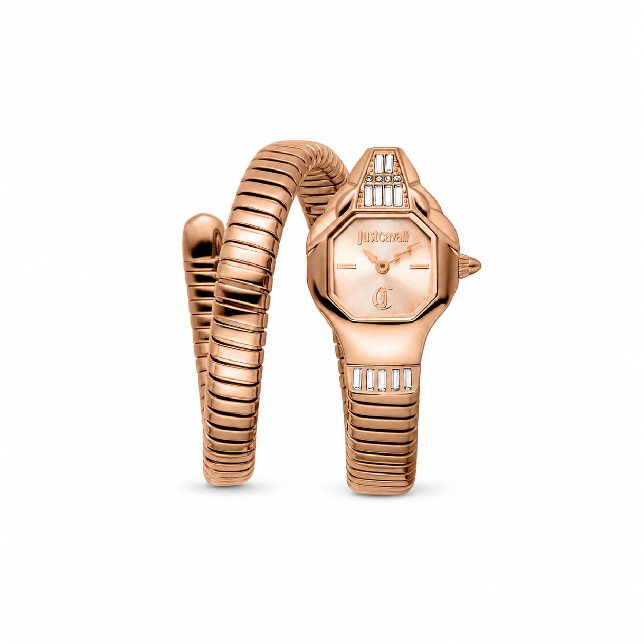 Authentic real-life photo of Just Cavalli JC1L326M0045 showing the rose gold-tone double wrap snake bracelet and matching dial from Luxury Hub Store