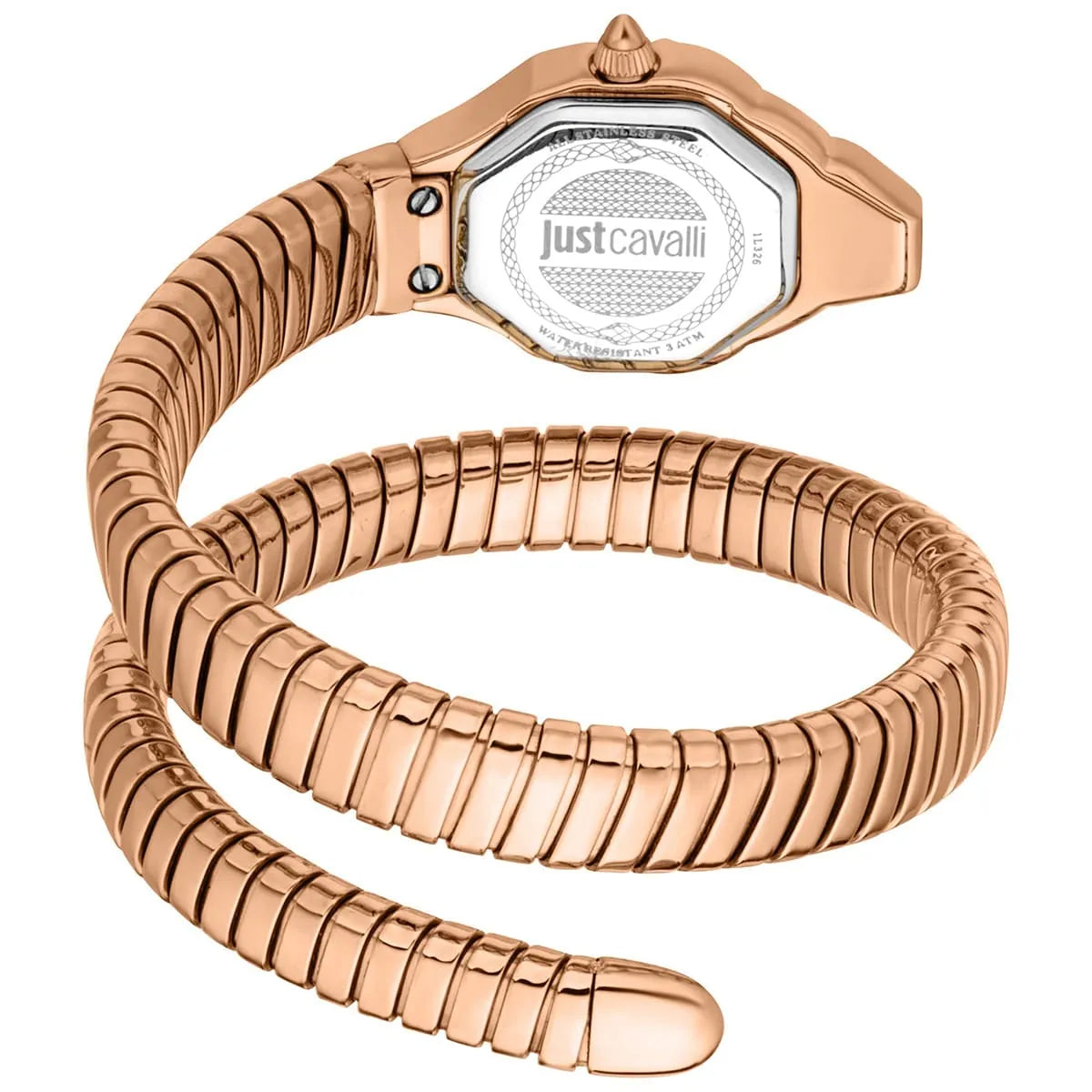 Close up photo of the polished rose gold-tone stainless steel double wrap bracelet on the Just Cavalli JC1L326M0045 from Luxury Hub Store