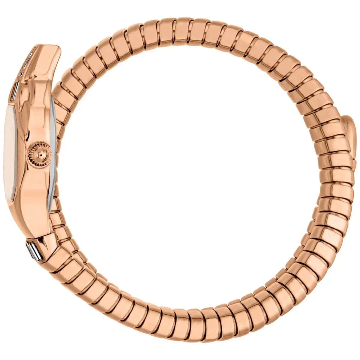 Side view photo of the unique case of Just Cavalli JC1L326M0045 showing case thickness and asymmetric snake shape from Luxury Hub Store