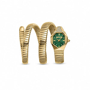 Authentic real-life photo of Just Cavalli JC1L370M0035 showing the gold-tone double wrap snake bracelet and green dial from Luxury Hub Store