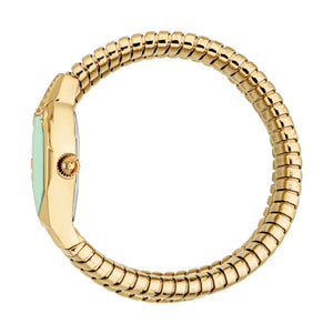 Side view photo of the unique case of Just Cavalli JC1L370M0035 showing case thickness and asymmetric snake shape from Luxury Hub Store