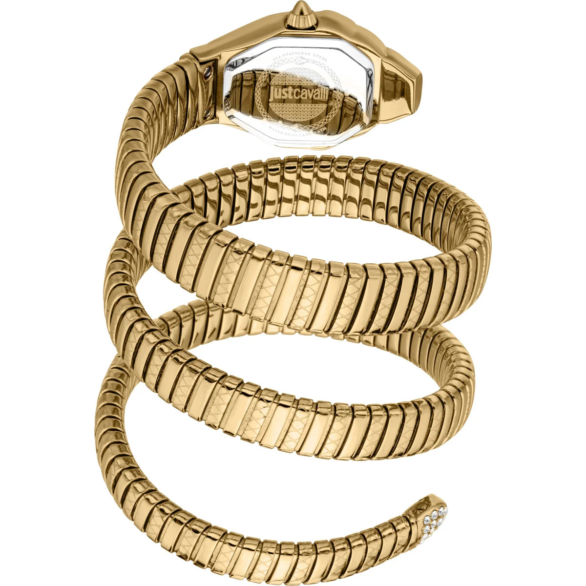 Close up photo of the polished gold-tone stainless steel double wrap bracelet on the Just Cavalli JC1L370M0035 from Luxury Hub Store