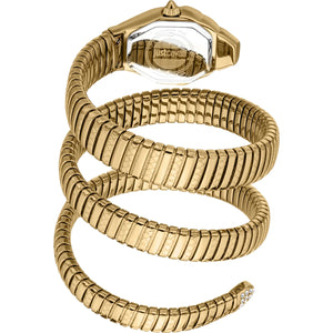 Close up photo of the polished gold-tone stainless steel double wrap bracelet on the Just Cavalli JC1L370M0035 from Luxury Hub Store