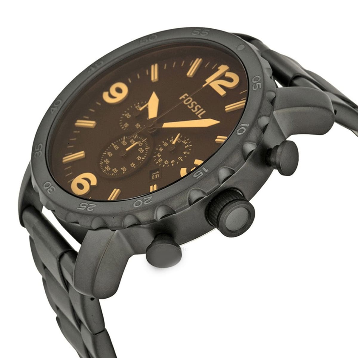 Angled real-life photo of Fossil JR1356 showing the industrial black case and amber crystal glow