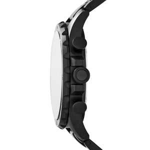 Detail photo of the unique black crown and chronograph buttons on the Fossil JR1356