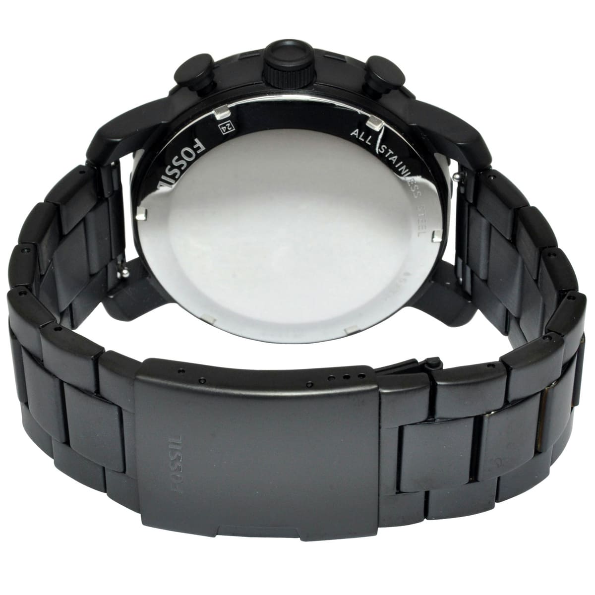 Back view photo of Fossil JR1356 showing the black stainless steel caseback and Fossil branding