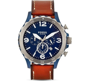 Fossil Nate JR1504 men's chronograph watch with navy blue dial and brown leather strap