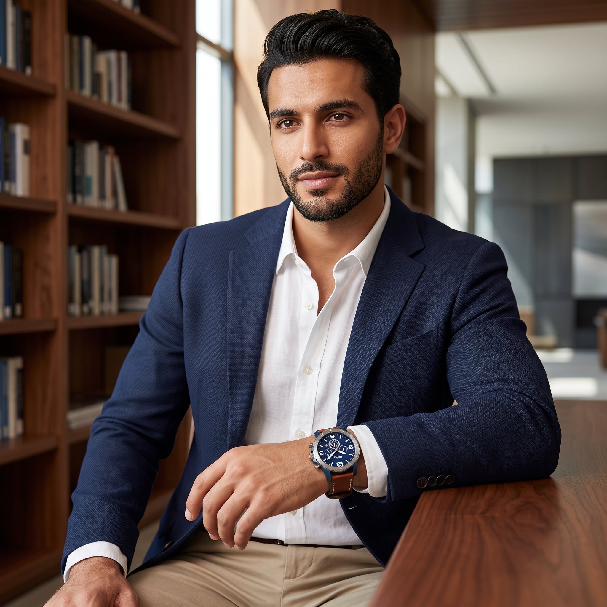 A man in a navy blue blazer and white shirt sits at a wooden table, wearing a blue and brown wristwatch. The background features a warm, softly blurred library or study setting with wooden bookshelves.
