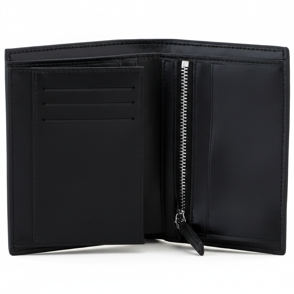 Full interior view of an open Lacoste men's black leather wallet showing card slots on the left and a practical vertical silver zipper pocket on the right