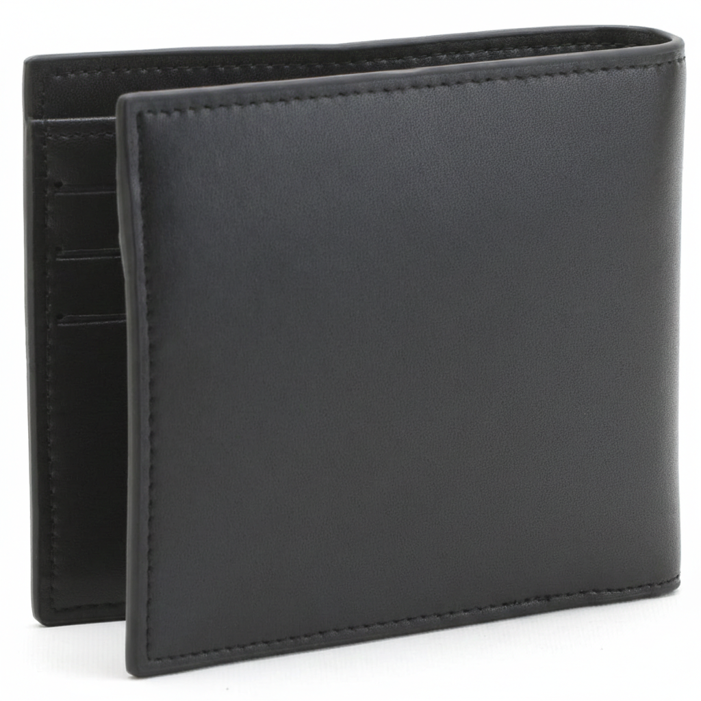 Perspective view of a standing Lacoste men's black leather wallet featuring a smooth finish and a silver metal crocodile logo on the front