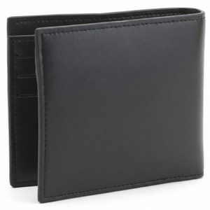 Perspective view of a standing Lacoste men's black leather wallet featuring a smooth finish and a silver metal crocodile logo on the front
