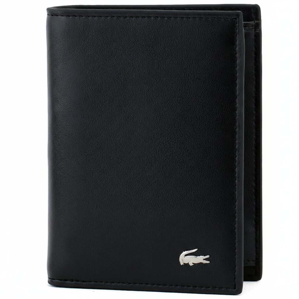 Straight-on front view of a standing Lacoste men's black smooth leather bifold wallet displaying the iconic silver metal crocodile logo