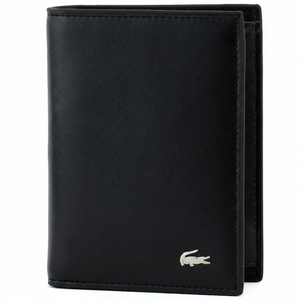 Straight-on front view of a standing Lacoste men's black smooth leather bifold wallet displaying the iconic silver metal crocodile logo