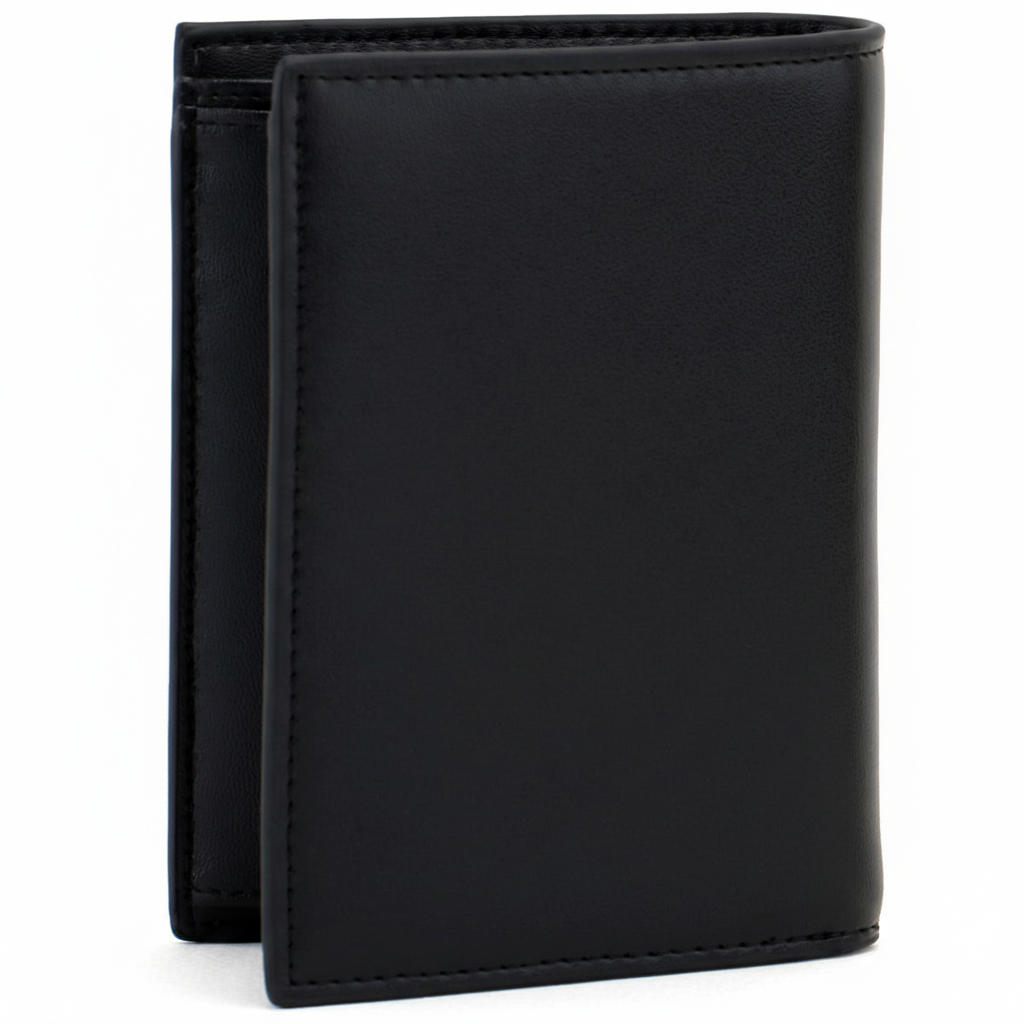 Rear perspective view of a standing Lacoste men's black smooth leather wallet highlighting the clean minimalist design and premium stitching