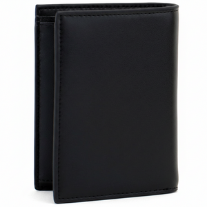 Rear perspective view of a standing Lacoste men's black smooth leather wallet highlighting the clean minimalist design and premium stitching